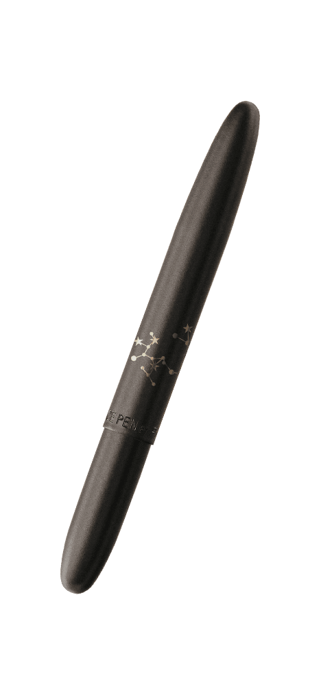Closed 400B-SG matte black bullet space pen with an engraved Sagittarius constellation