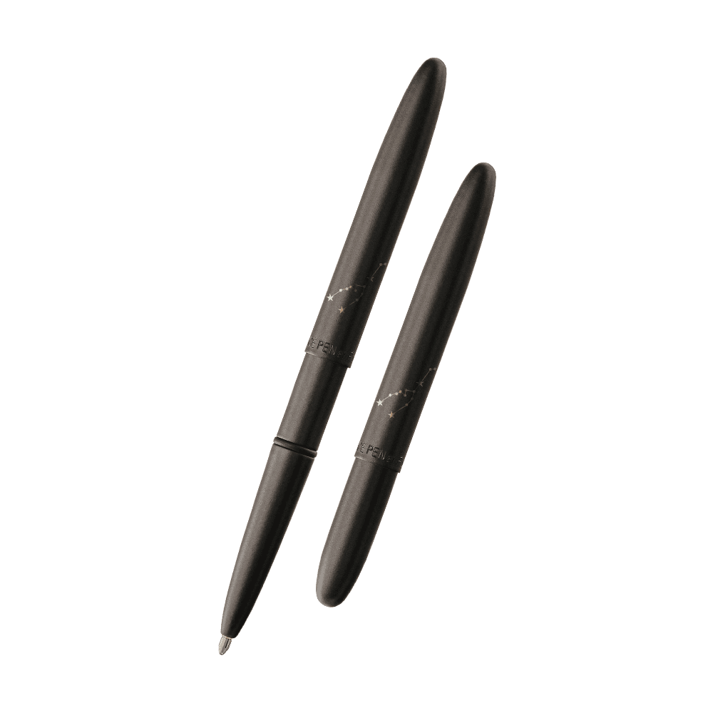 Left: open 400B-TA matte black bullet space pen with cap on end of pen
Right: closed 400B-TA matte black bullet space pen
