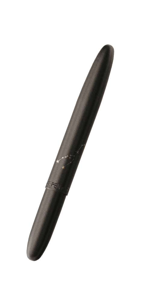Closed 400B-TA matte black bullet space pen with an engraved Taurus constellation