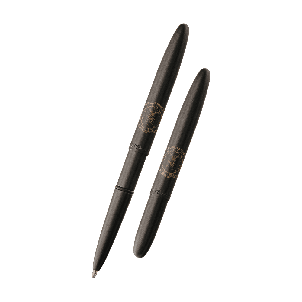 Left: open 400BAF matte black bullet space pen with cap on end of pen
Right: closed 400BAF matte black bullet space pen