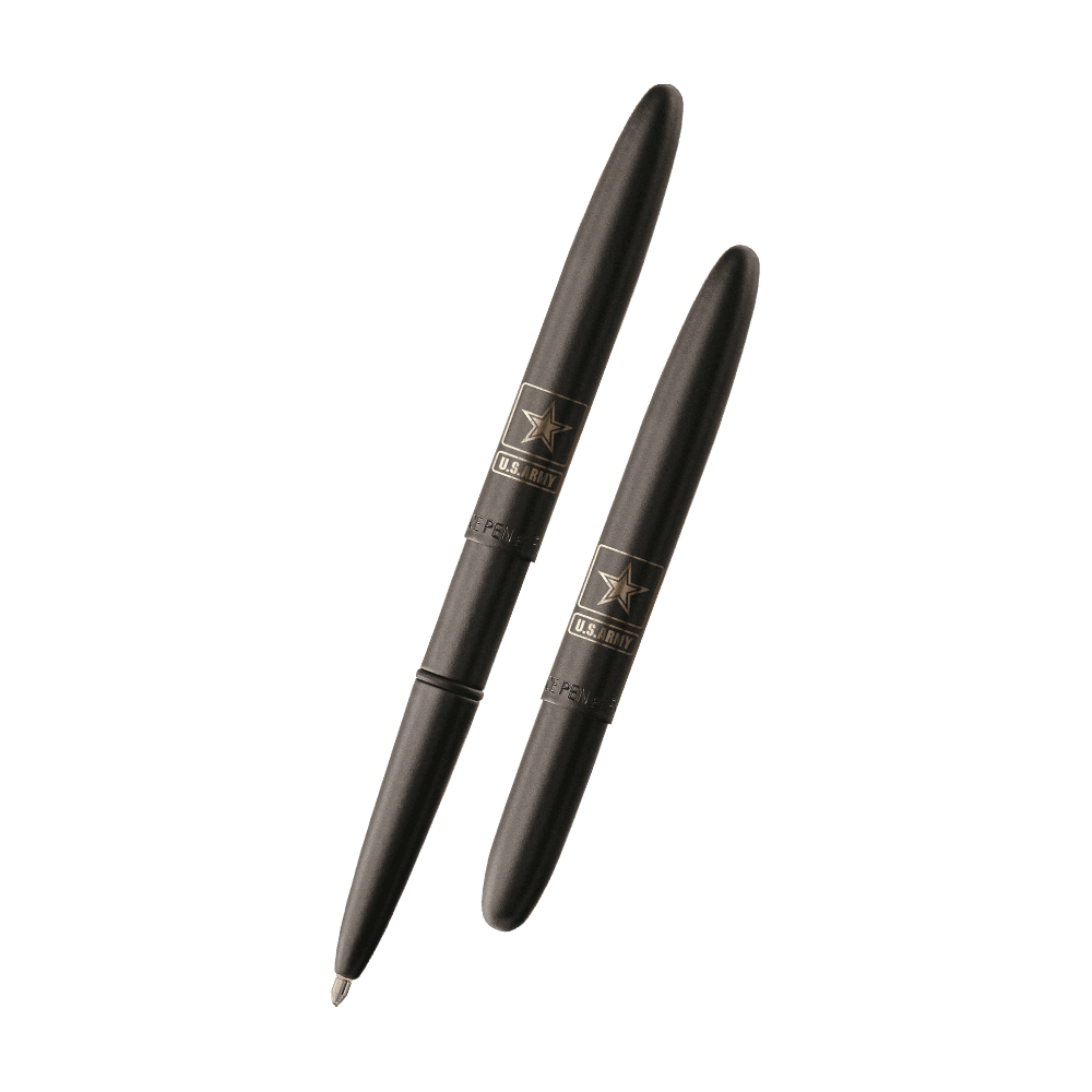 Left: open 400BAR-STAR matte black bullet space pen with cap on end of pen
Right: closed 400BAR-STAR matte black bullet space pen