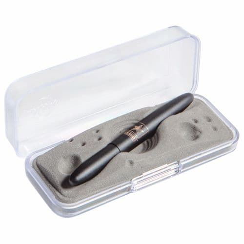 Closed 400BAR-STAR matte black bullet space pen in gift box. The gift box is opaque plastic with an insert textured like the moon.
