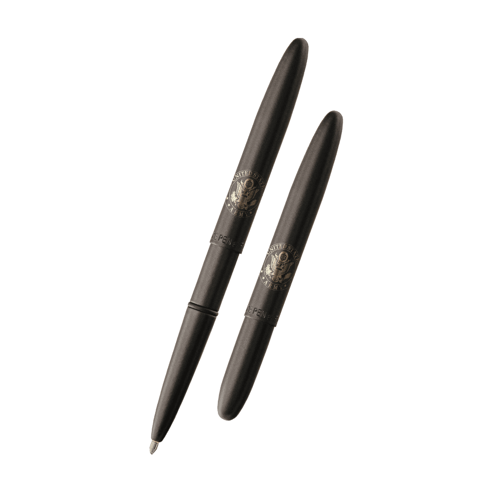 Left: open 400BAR matte black bullet space pen with cap on end of pen
Right: closed 400BAR matte black bullet space pen