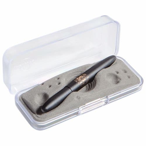 Closed 400BAR matte black bullet space pen in gift box. The gift box is opaque plastic with an insert textured like the moon.