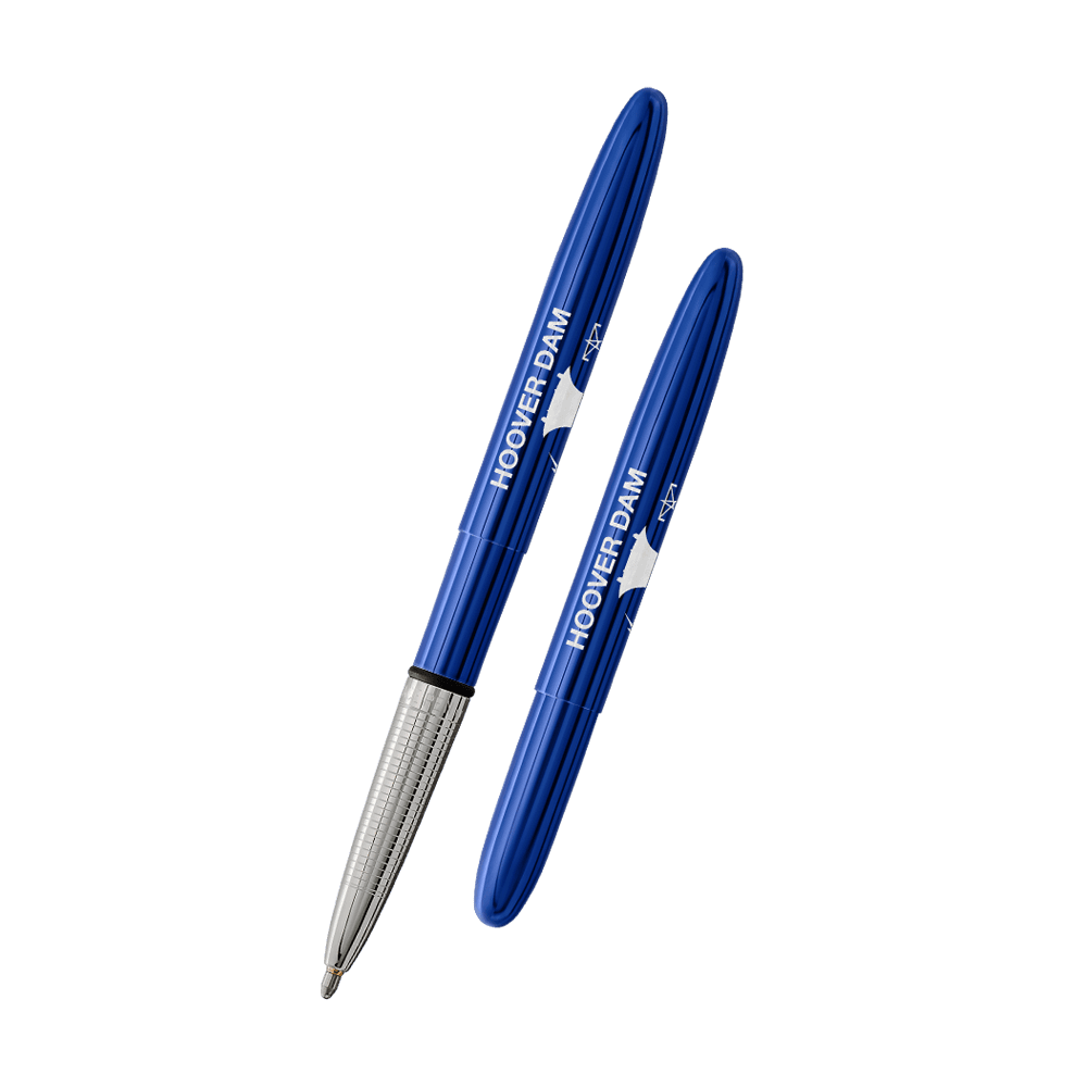Left: open 400BB-HD blue bullet space pen with cap on end of pen
Right: closed 400BB-HD blue bullet space pen