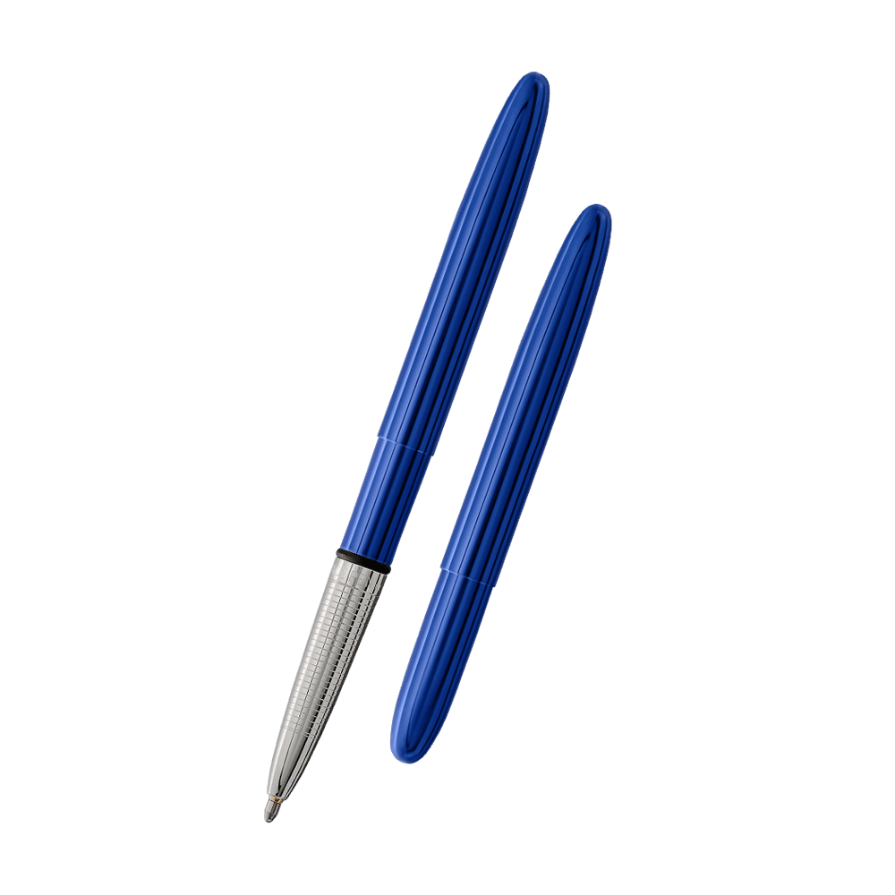 Left: open 400BB blue bullet space pen with cap on end of pen
Right: closed 400BB blue bullet space pen