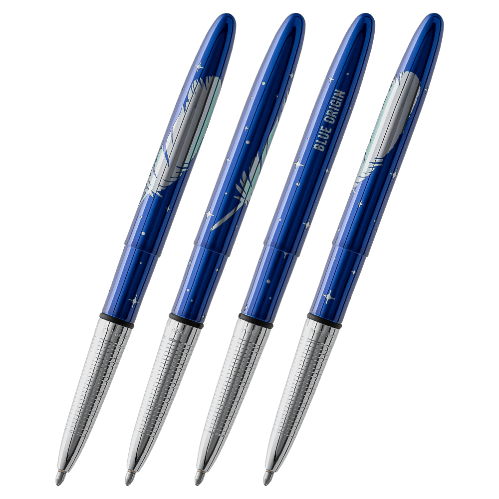 Open 400BB/FS-BO blue bullet space pen with cap on end of pen depicting various views of the engraved Blue Origin feather and stars design.