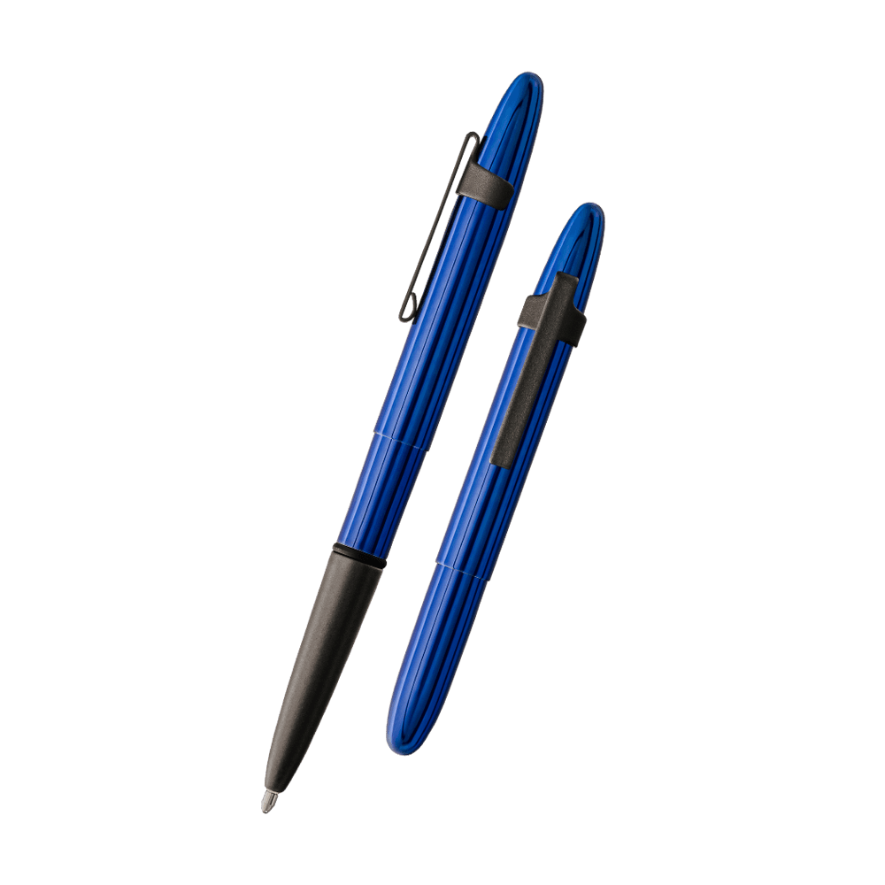 Left: open 400BBB/BCL blue bullet space pen with matte black grip and clip with cap on end of pen
Right: closed 400BBB/BCL blue bullet space pen with matte black clip