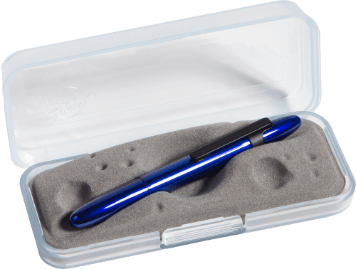 Closed 400BBB/BCL blue bullet space pen with matte black clip in gift box. The gift box is opaque plastic with an insert textured like the moon.