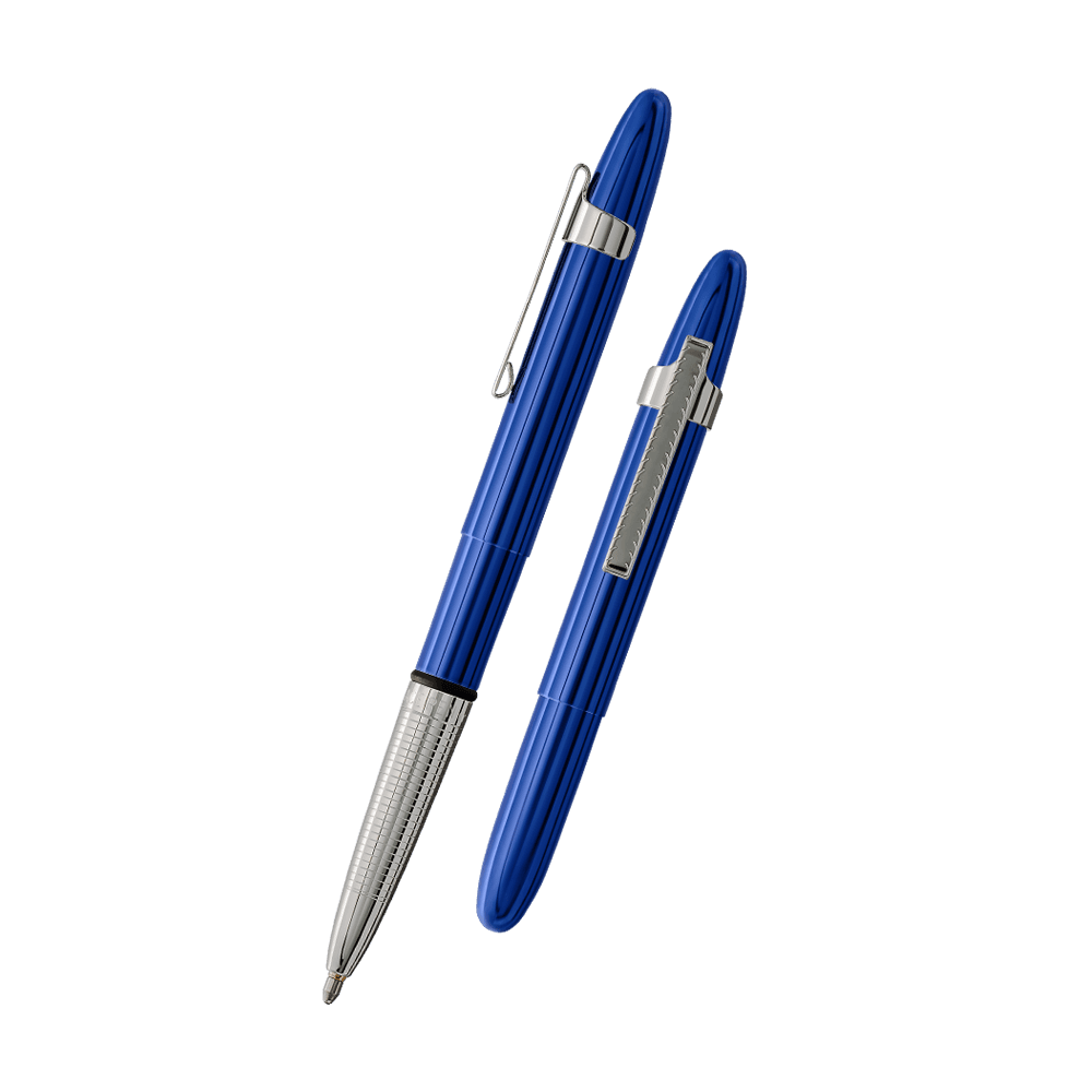 Left: open 400BBCL blue bullet space pen with chrome grip and clip with cap on end of pen
Right: closed 400BBCL blue bullet space pen with chrome clip