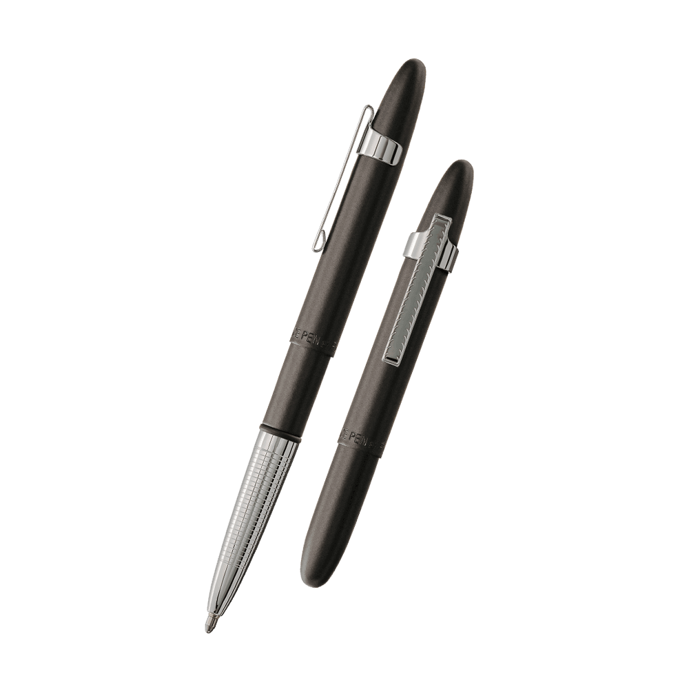 Left: open 400BC-CL matte black bullet space pen with cap on end of pen
Right: closed 400BC-CL matte black bullet space pen