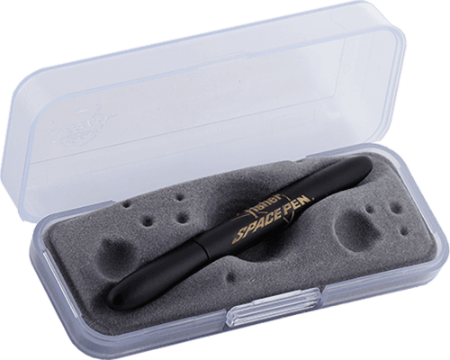 Closed 400B/FSP matte black bullet space pen in gift box. The gift box is opaque plastic with an insert textured like the moon.