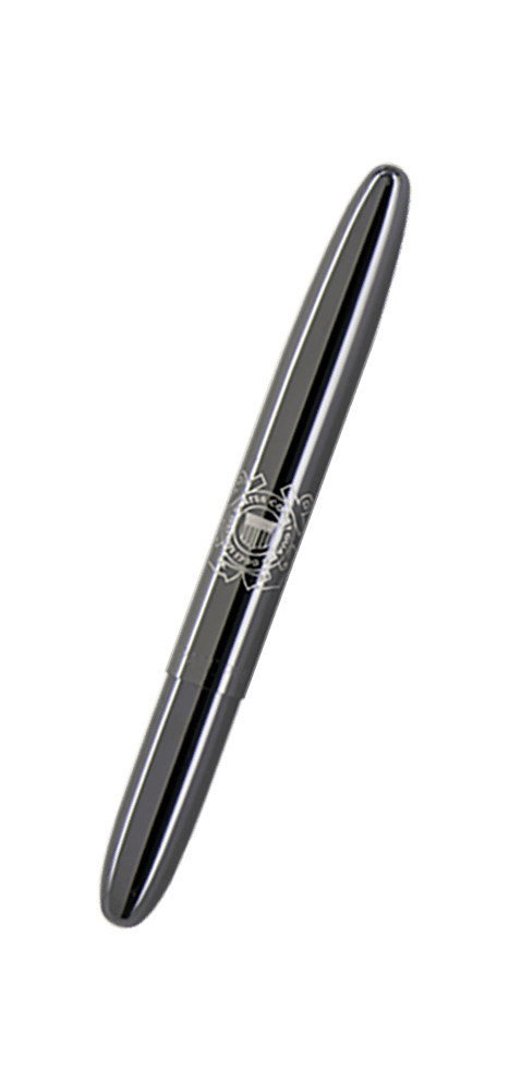 Closed 400BTN-CG black titanium nitride bullet space pen engraved with the US Coast Guard insignia