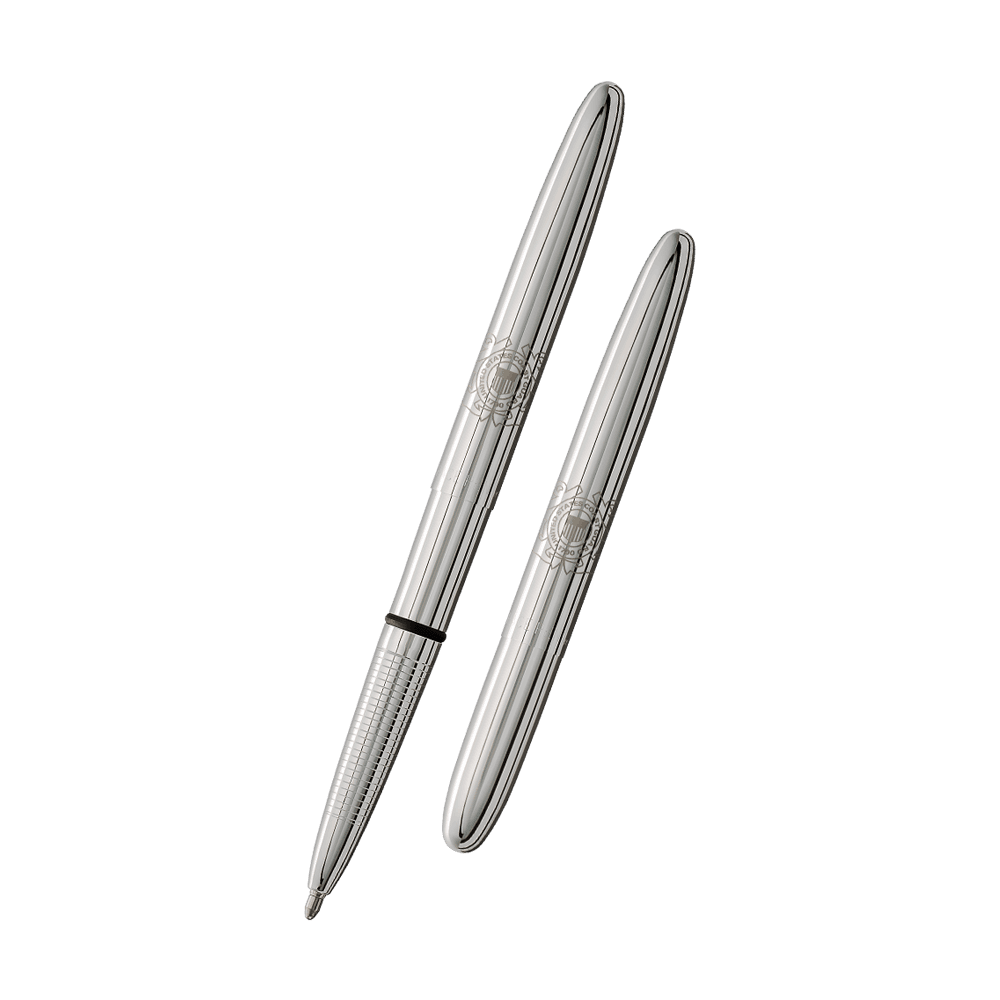 Left: open 400CG bullet space pen with cap on end of pen engraved with US Coast Guard insignia
Right: closed 400CG bullet space pen engraved with US Coast Guard insignia