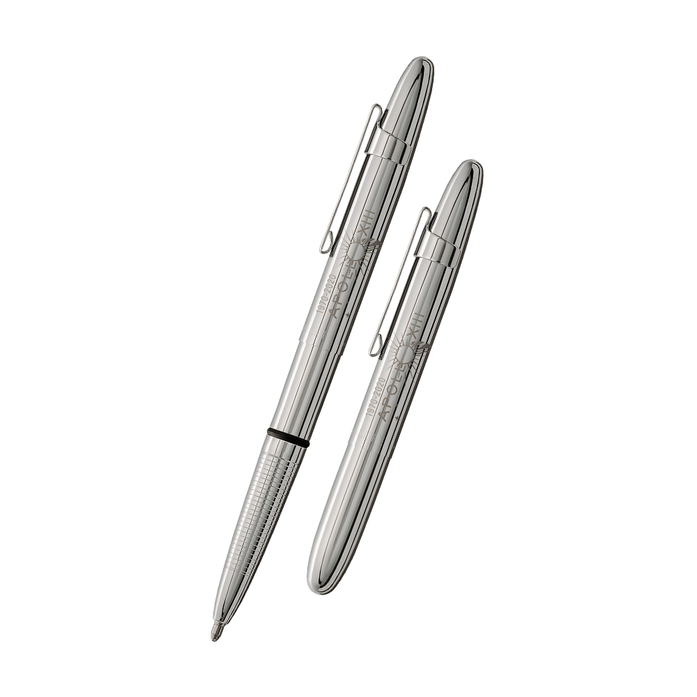 Left: open 400CL-13-50 chrome bullet space pen with chrome clip and Apollo 13 50th Anniversary engraving
Right: closed 400CL-13-50 chrome bullet space pen with chrome clip and Apollo 13 50th Anniversary engraving