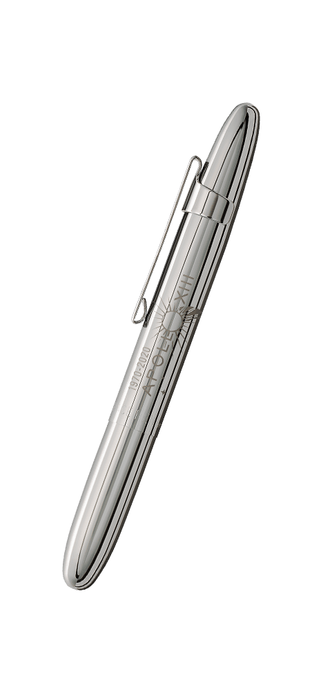 Closed 400CL-13-50 chrome bullet space pen with chrome clip with Apollo 13 50th Anniversary engraving
