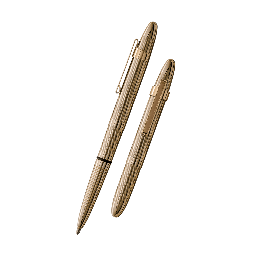 Left: open 400GGCL lacquered brass bullet space pen with gold colored clip
Right: closed 400GGCL lacquered brass bullet space pen with gold colored clip