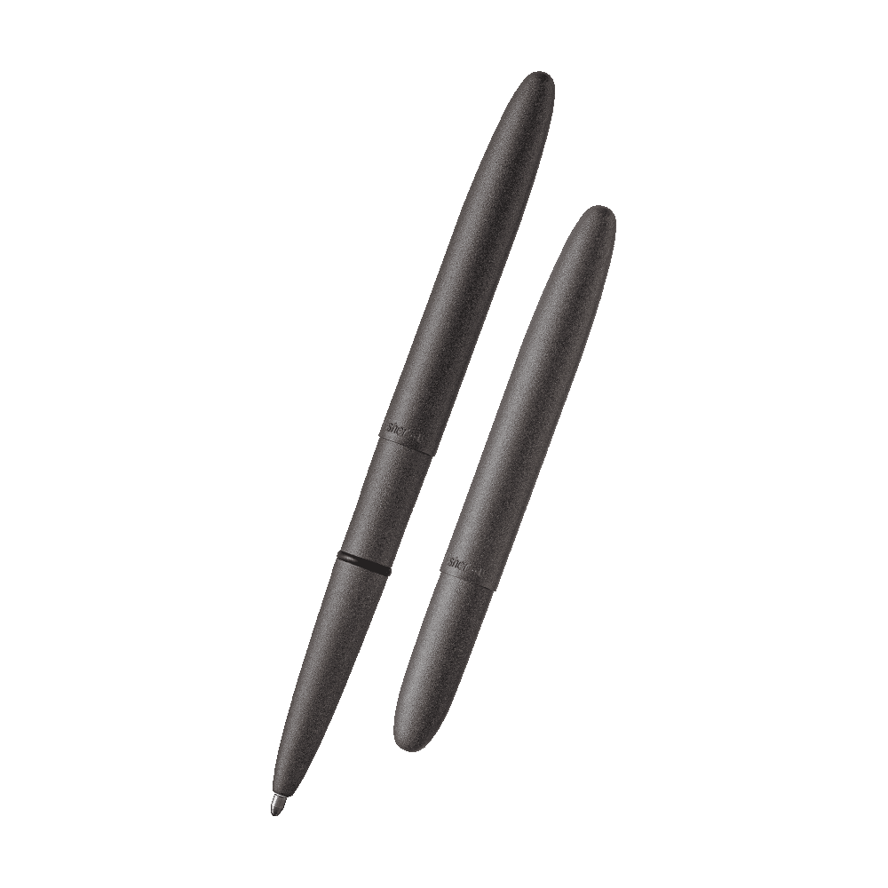 Left: open 400H-237 Tungsten Cerakote bullet space pen with cap on end of pen
Right: closed 400H-237 Tungsten Cerakote bullet space pen