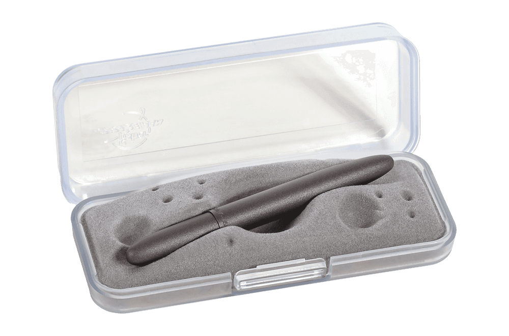 Closed 400H-237 Tungsten Cerakote bullet space pen in gift box. The gift box is opaque plastic with an insert textured like the moon.