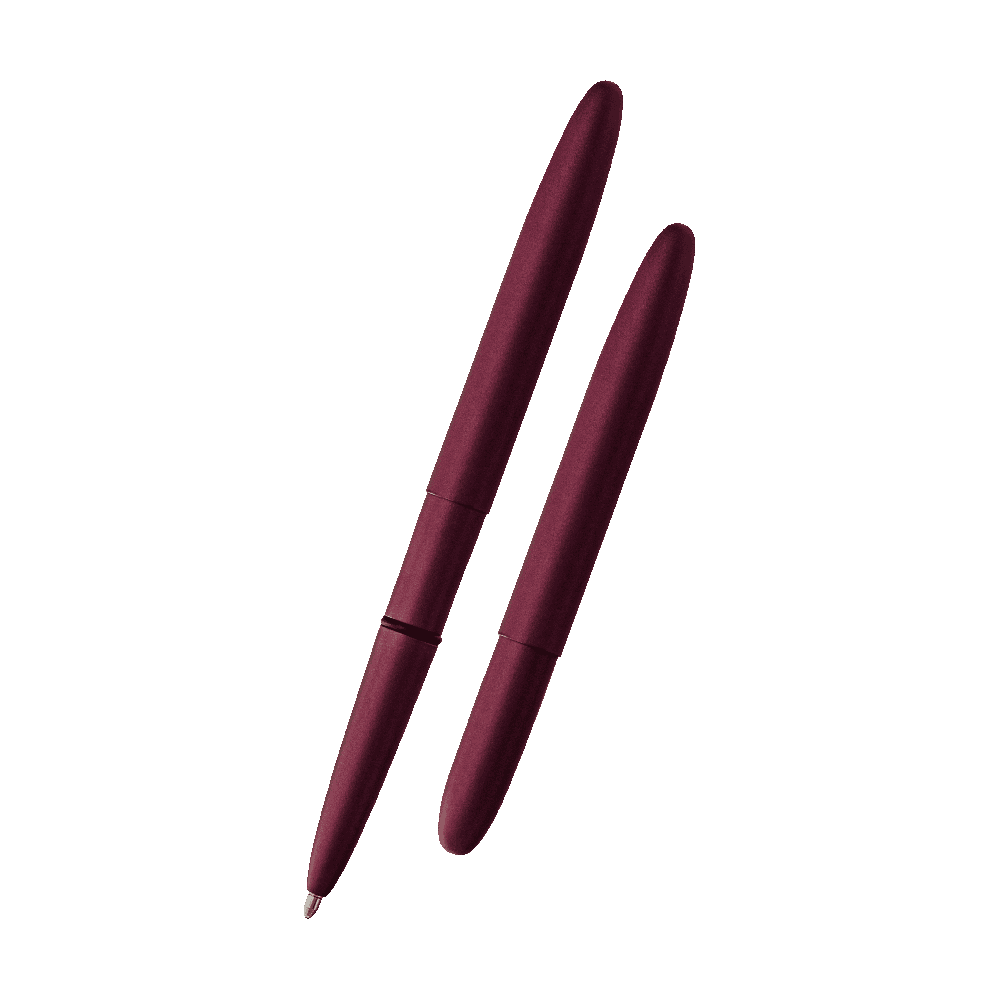 Left: open 400H-319 Black Cherry Cerakote bullet space pen with cap on end of pen
Right: closed 400H-319 Black Cherry Cerakote bullet space pen