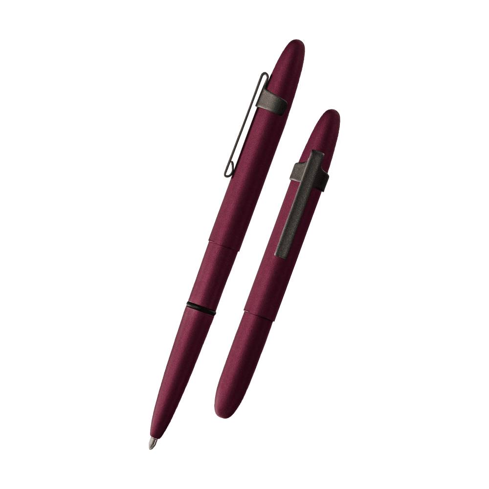 Left: open 400H-319-BCL Black Cherry Cerakote bullet space pen with matte black clip with cap on end of pen
Right: closed 400H-319-BCL Black Cherry Cerakote bullet space pen with matte black clip