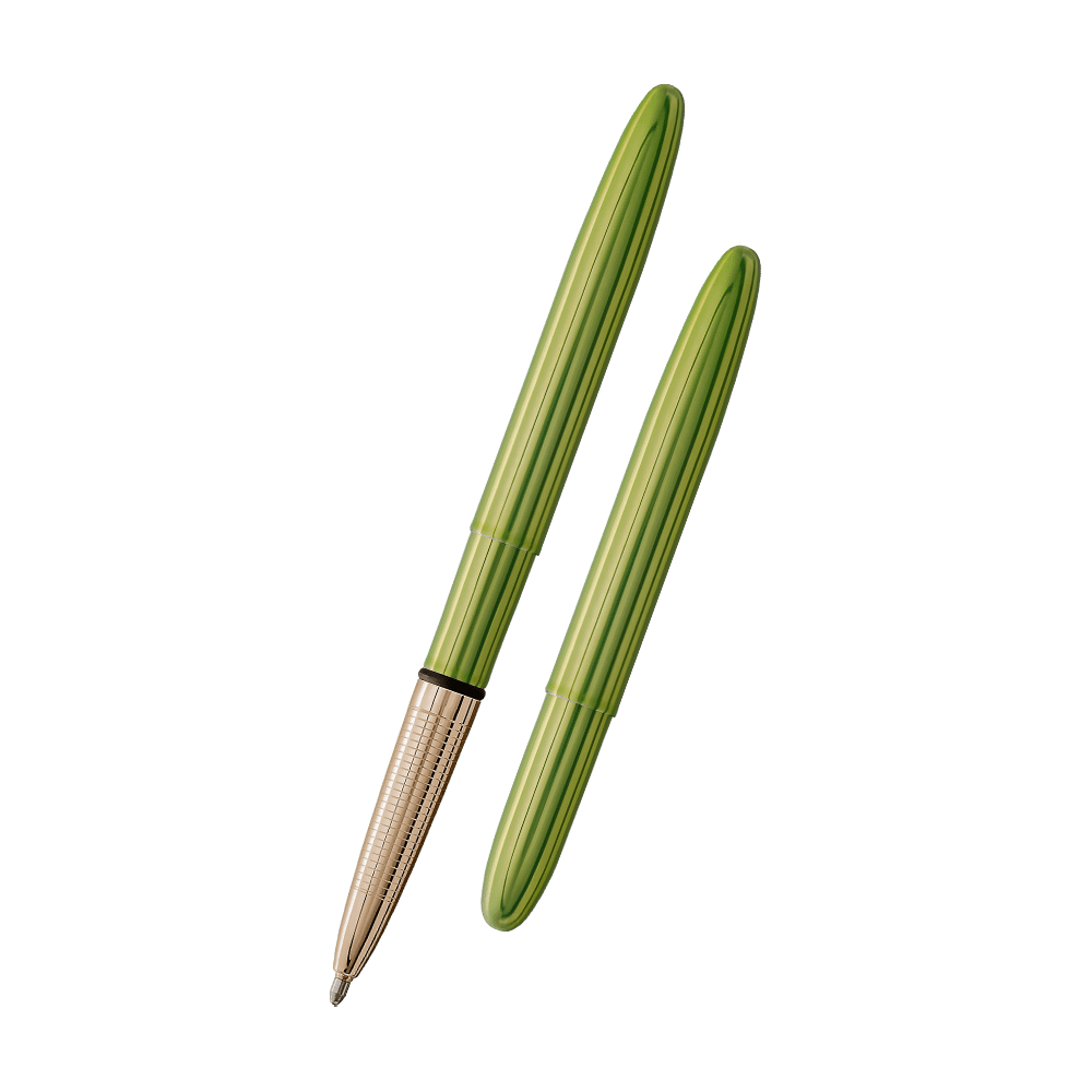 Left: open 400LG-GFG green bullet space pen with gold colored grip with cap on end of pen
Right: closed 400LG-GFG green bullet space pen with gold colored grip