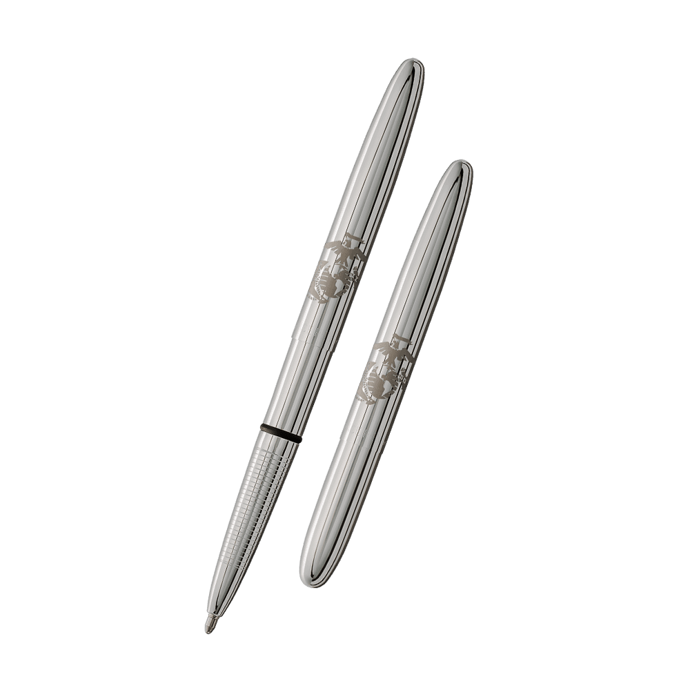 Left: open 400MC chrome bullet space pen with cap on end of pen, engraved with US Marine Corps emblem
Right: closed 400MC chrome bullet engraved with US Marine Corps emblem