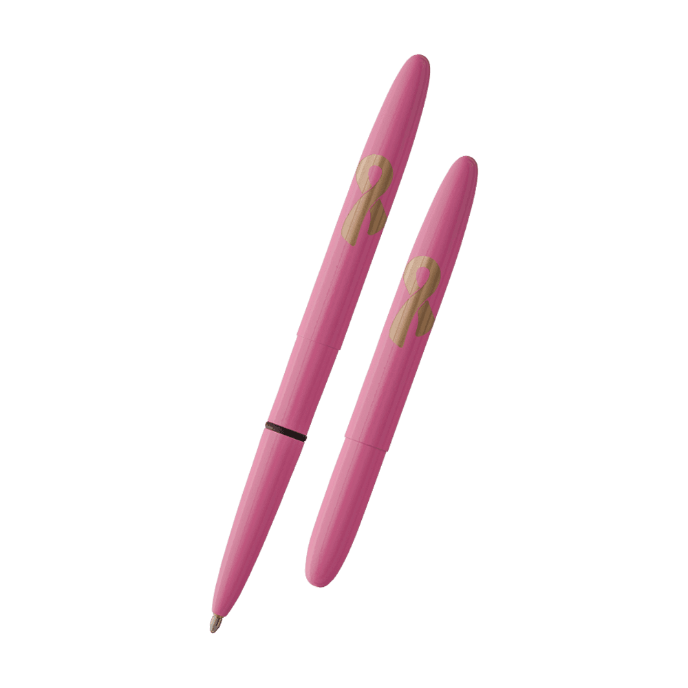 Left: open 400PK/BCA pink bullet space pen with cap on end of pen, engraved with breast cancer awareness ribbon
Right: closed 400PK/BCA pink space pen engraved with breast cancer awareness ribbon
