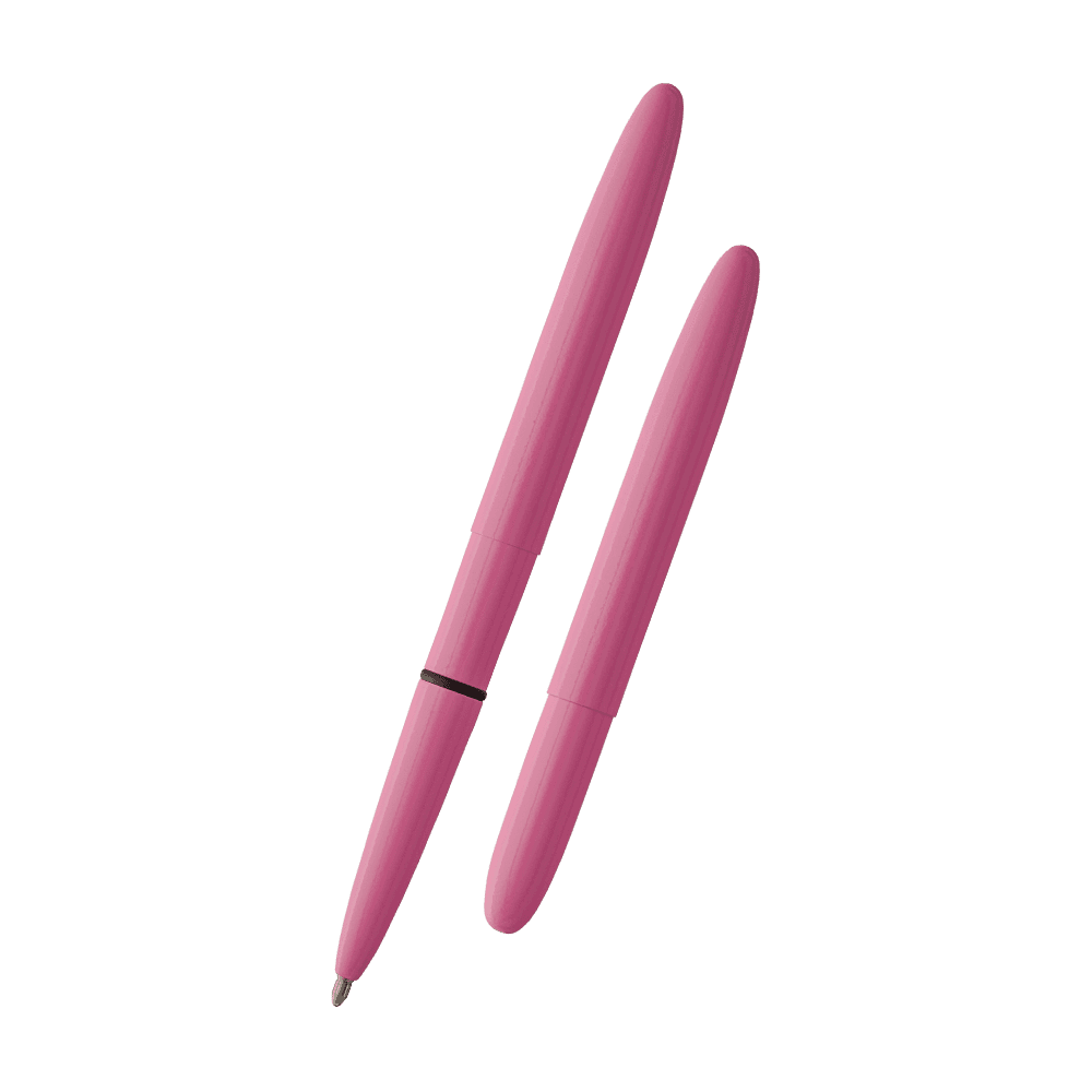Left: open 400PK pink bullet space pen with cap on end of pen
Right: closed 400PK pink space pen