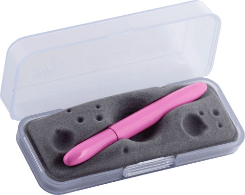 Closed 400PK pink bullet space pen in gift box. The gift box is opaque plastic with an insert textured like the moon.