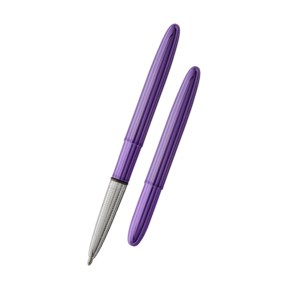 Left: open 400PP purple bullet space pen with cap on end of pen
Right: closed 400PP purple space pen