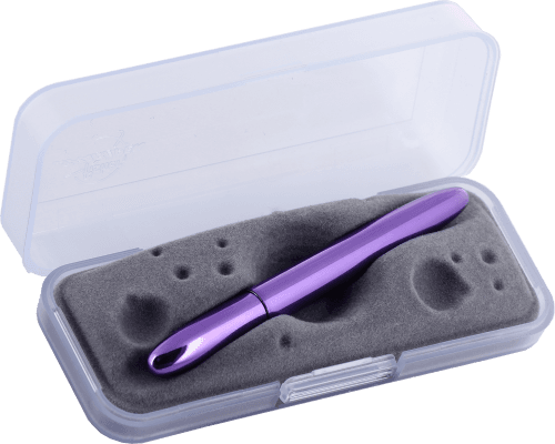 Closed 400PP purple bullet space pen in gift box. The gift box is opaque plastic with an insert textured like the moon.