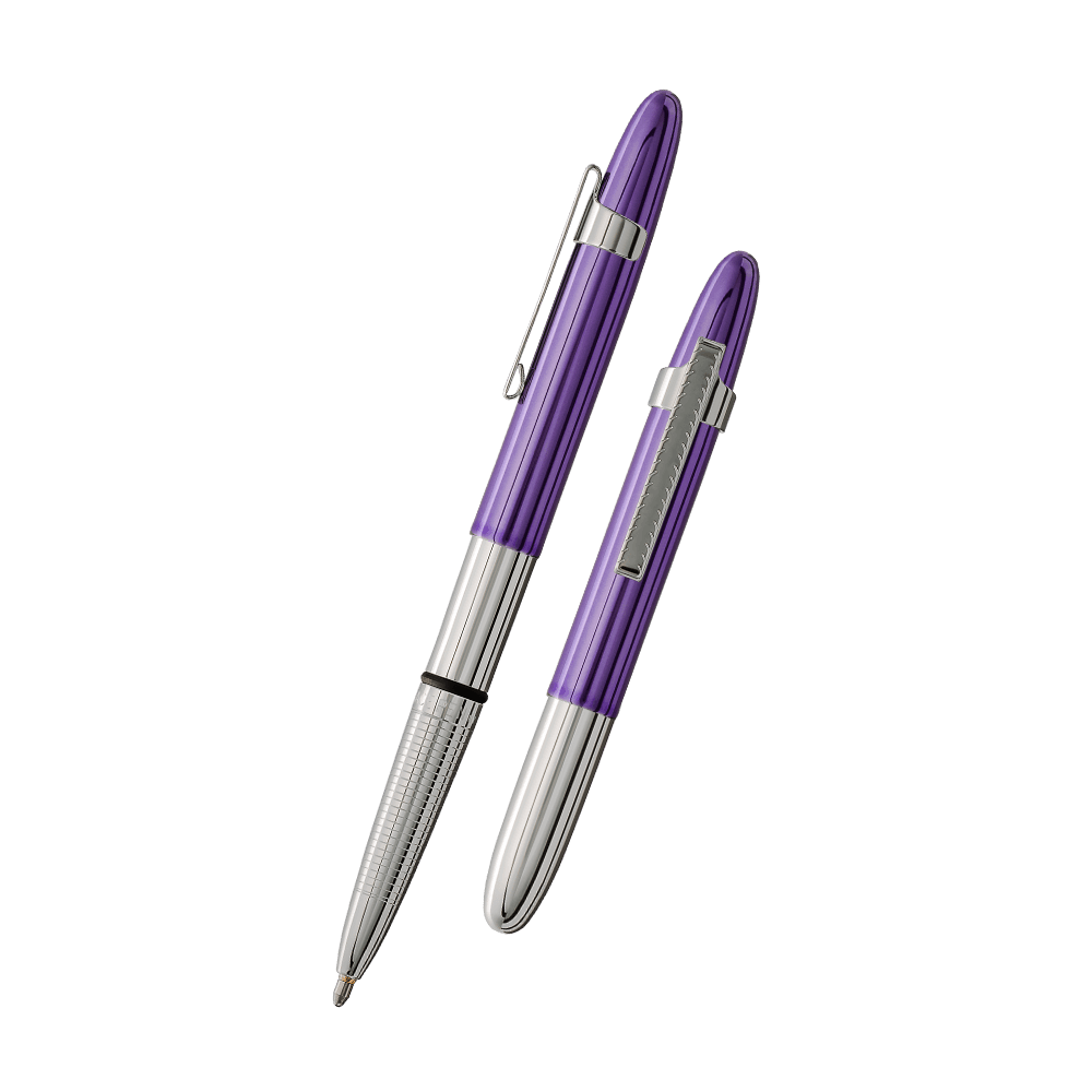 Left: open 400PPC-CL bullet space pen with purple cap with chrome clip, body, and grip
Right: closed 400PPC-CL bullet space pen with purple cap with chrome clip and chrome body