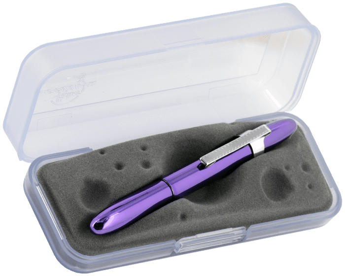 Closed 400PPCL purple bullet space pen with chrome clip in open Moonscape gift box