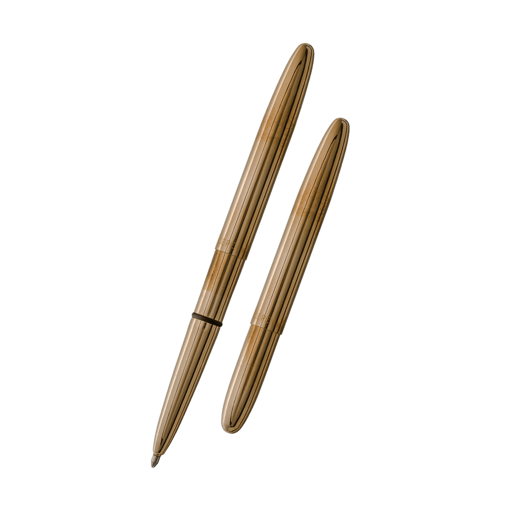 Left: open 400-RAW raw brass bullet space pen with cap on end of pen
Right: closed 400-RAW raw brass space pen