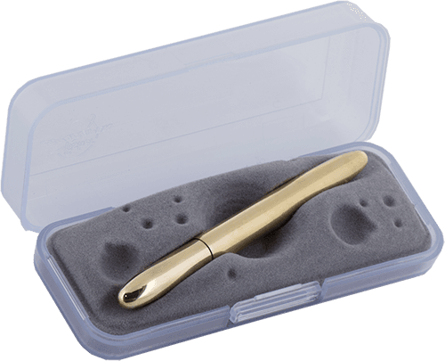 Closed 400-RAW raw brass bullet space pen in gift box. The gift box is opaque plastic with an insert textured like the moon.