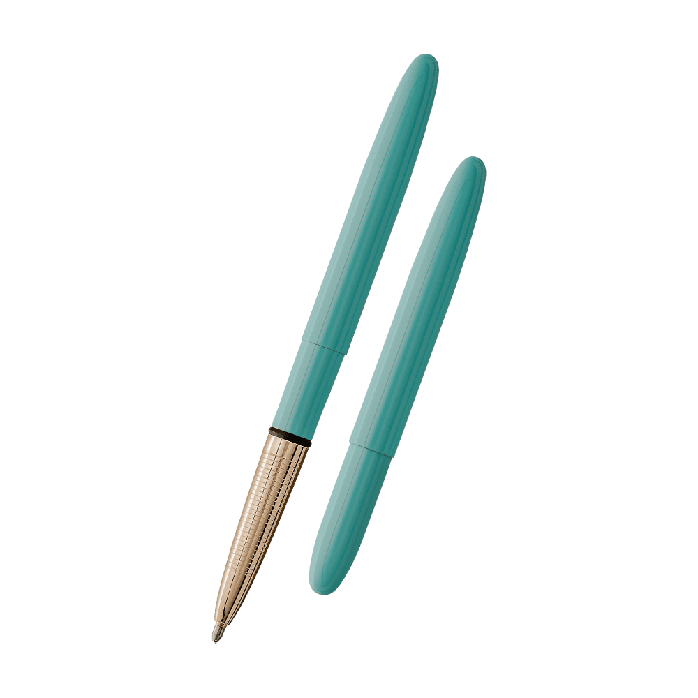 Left: open 400TBL-GFG turquoise blue bullet space pen with gold colored grip with cap on end of pen
Right: closed 400TBL-GFG turquoise blue space pen