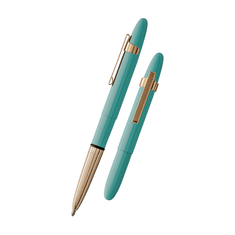 Left: open 400TBL-GFGGCL turquoise blue bullet space pen with gold colored clip and grip with cap on end of pen
Right: closed 400TBL-GFGGCL turquoise blue space pen with gold colored clip