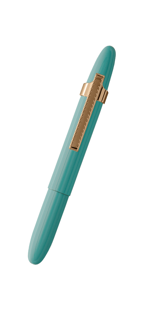 Closed 400TBL-GFGGCL turquoise blue bullet space pen with gold colored clip