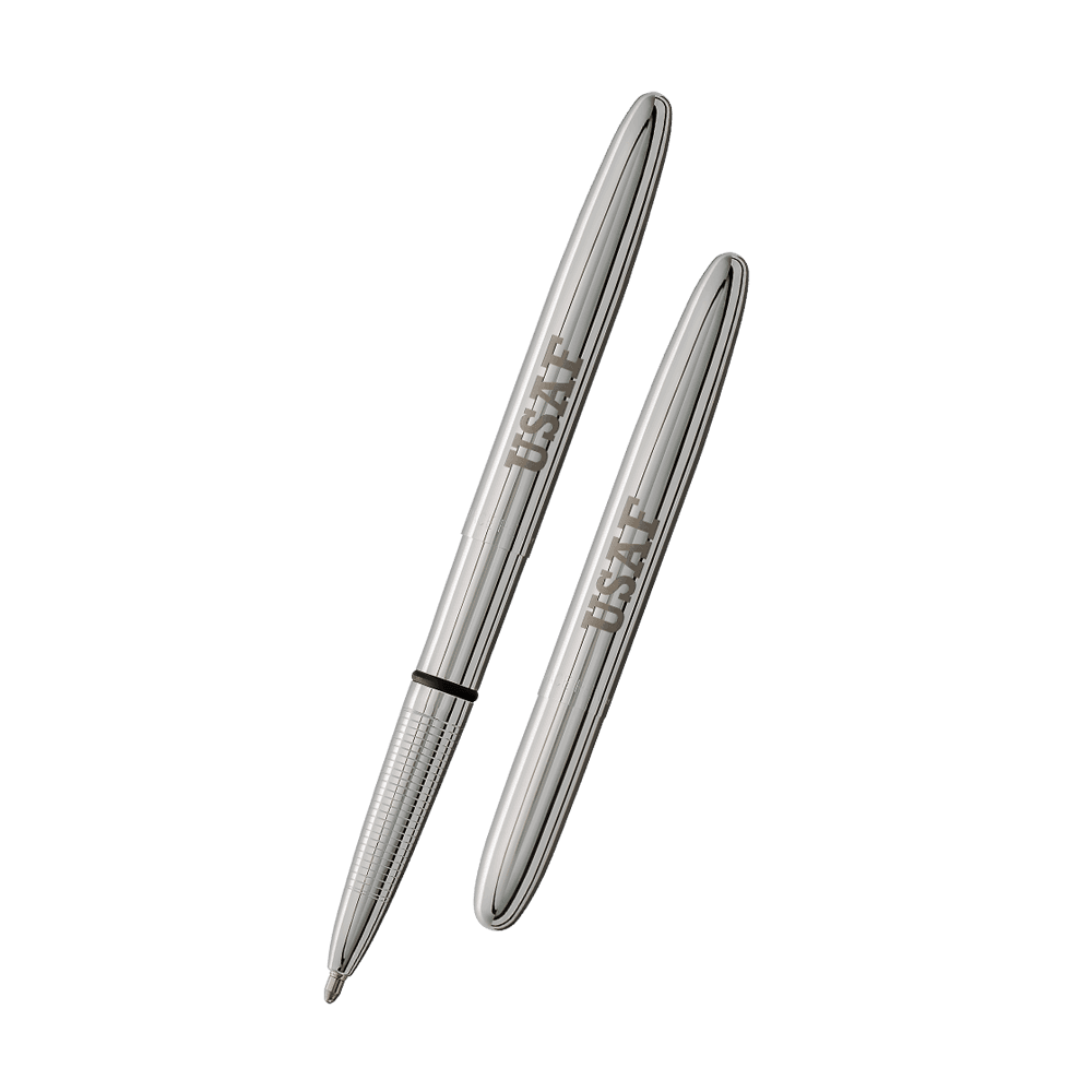 Left: open 400USAF chrome bullet space pen with US Air Force USAF engraving
Right: closed 400USAF chrome bullet space pen with US Air Force USAF engraving