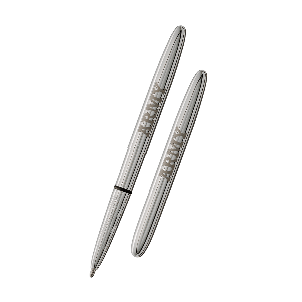 Left: open 400USAR chrome bullet space pen with US Army ARMY engraving
Right: closed 400USAR chrome bullet space pen with US Army ARMY engraving