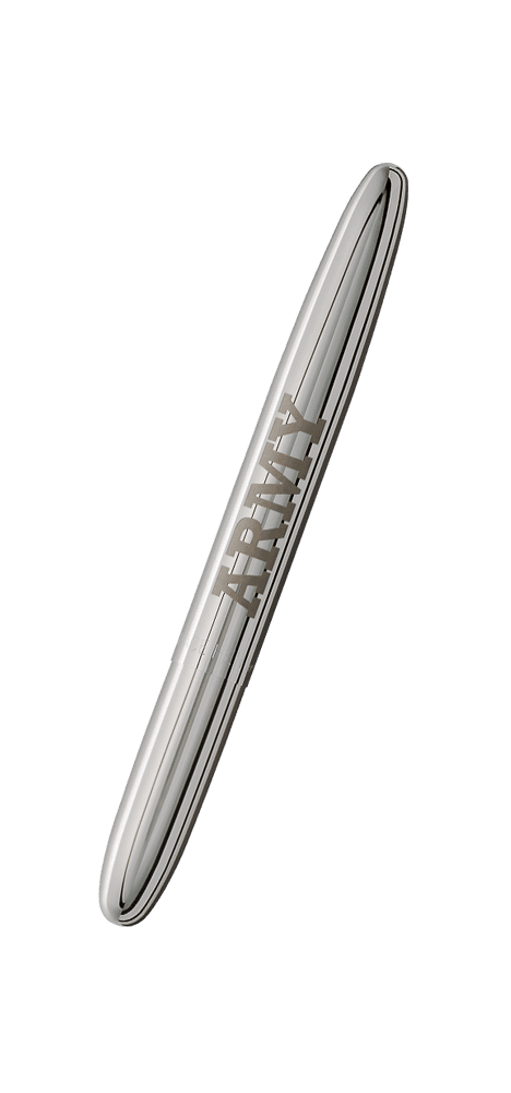 Closed 400USAR chrome bullet space pen with US Army ARMY engraving