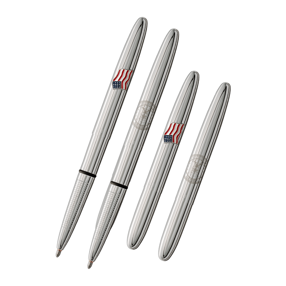 Left: open 600-AF-AF chrome bullet space pen with American flag emblem on one side and engraved US Air Force insignia on the other side
Right: closed 600-AF-AF chrome bullet space pen with American flag emblem on one side and engraved US Air Force insign