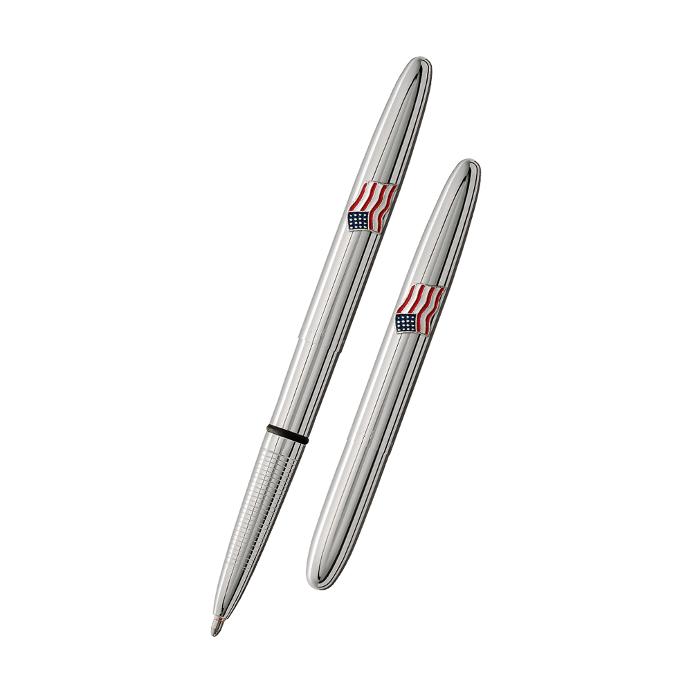Left: open 600-AF chrome bullet space pen with American flag emblem
Right: closed 600-AF chrome bullet space pen with American flag emblem
