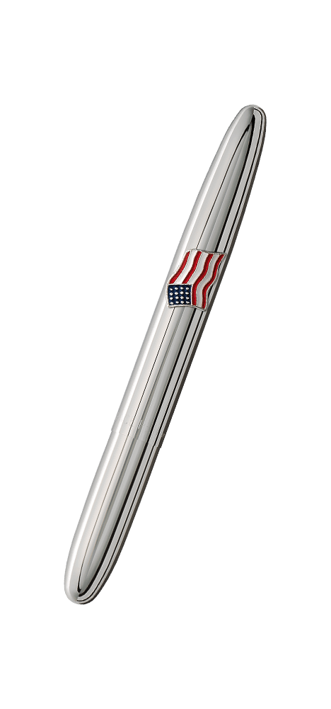 Closed 600-AF chrome bullet space pen with American flag emblem
