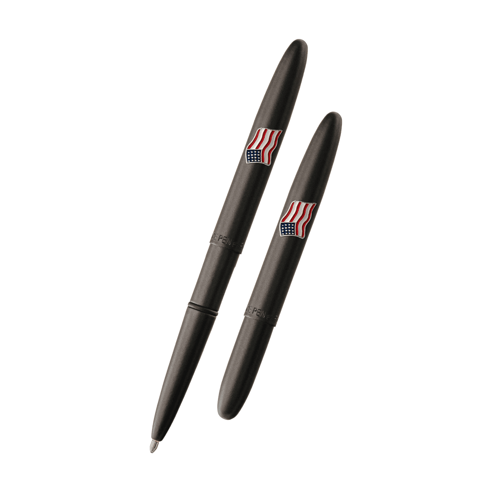 Left: open 600B-AF matte black bullet space pen with American flag emblem
Right: closed 600B-AF matte black bullet space pen with American flag emblem
