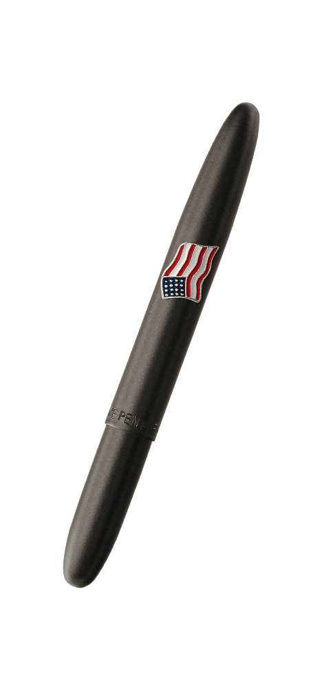Closed 600B-AF matte black bullet space pen with American flag emblem