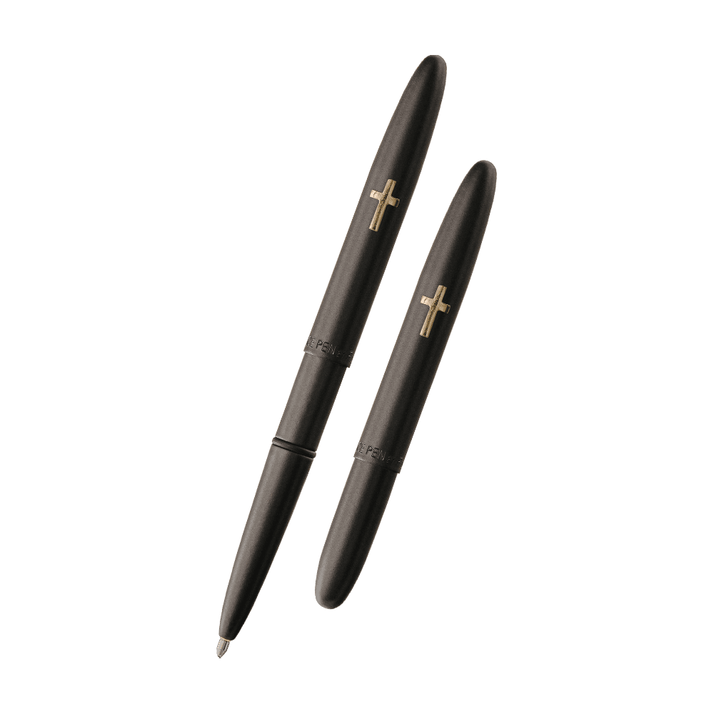 Left: open 600BCR matte black bullet space pen with cross emblem
Right: closed 600BCR matte black bullet space pen with cross emblem