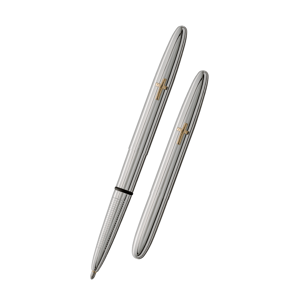 Left: open 600CR chrome bullet space pen with cross emblem
Right: closed 600CR chrome bullet space pen with cross emblem