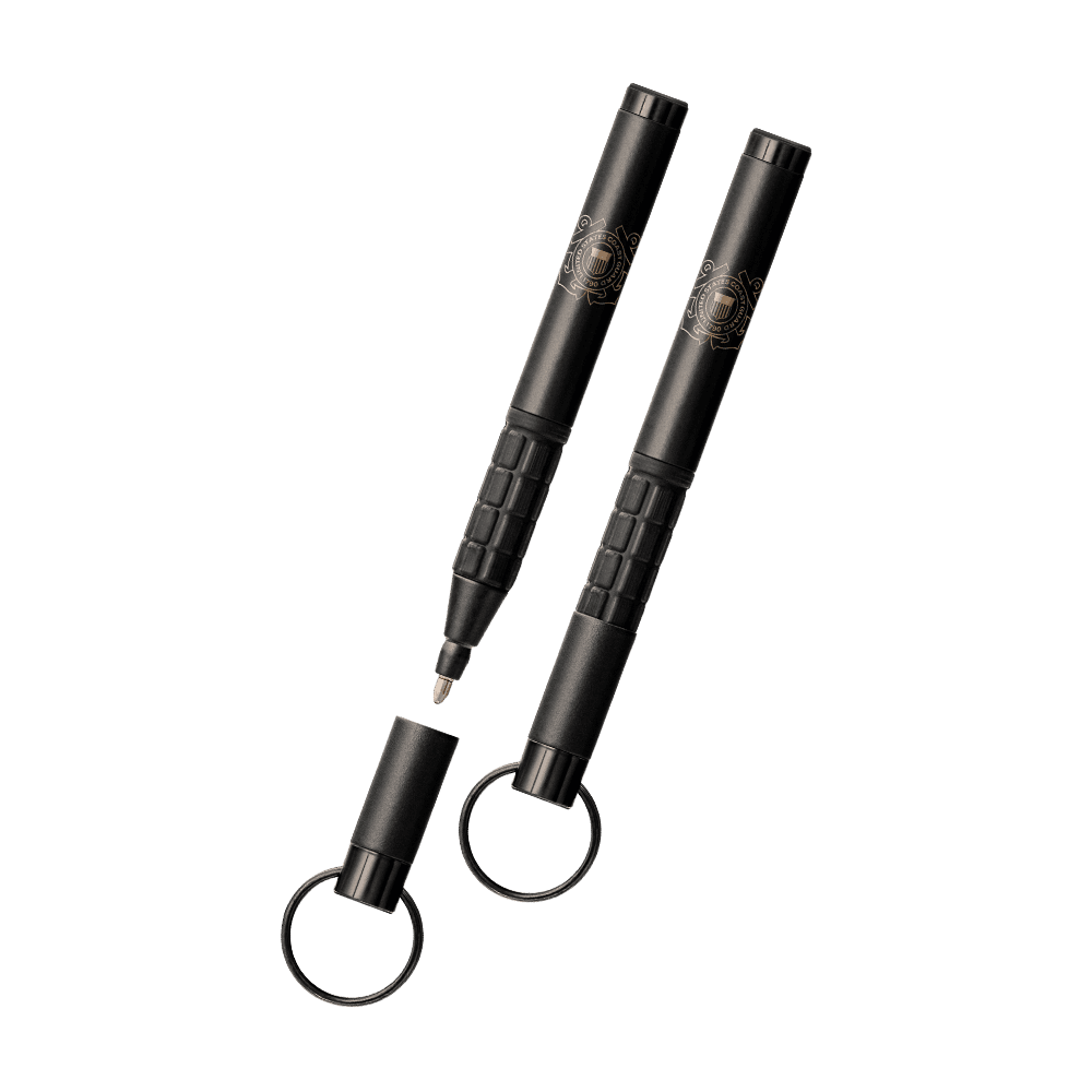 Left: Open 725B matte black trekker space pen with rubber grip and key ring engraved with the US Coast Guard insignia
Right: Closed 725B matte black trekker space pen with rubber grip and key ring engraved with the US Coast Guard insignia